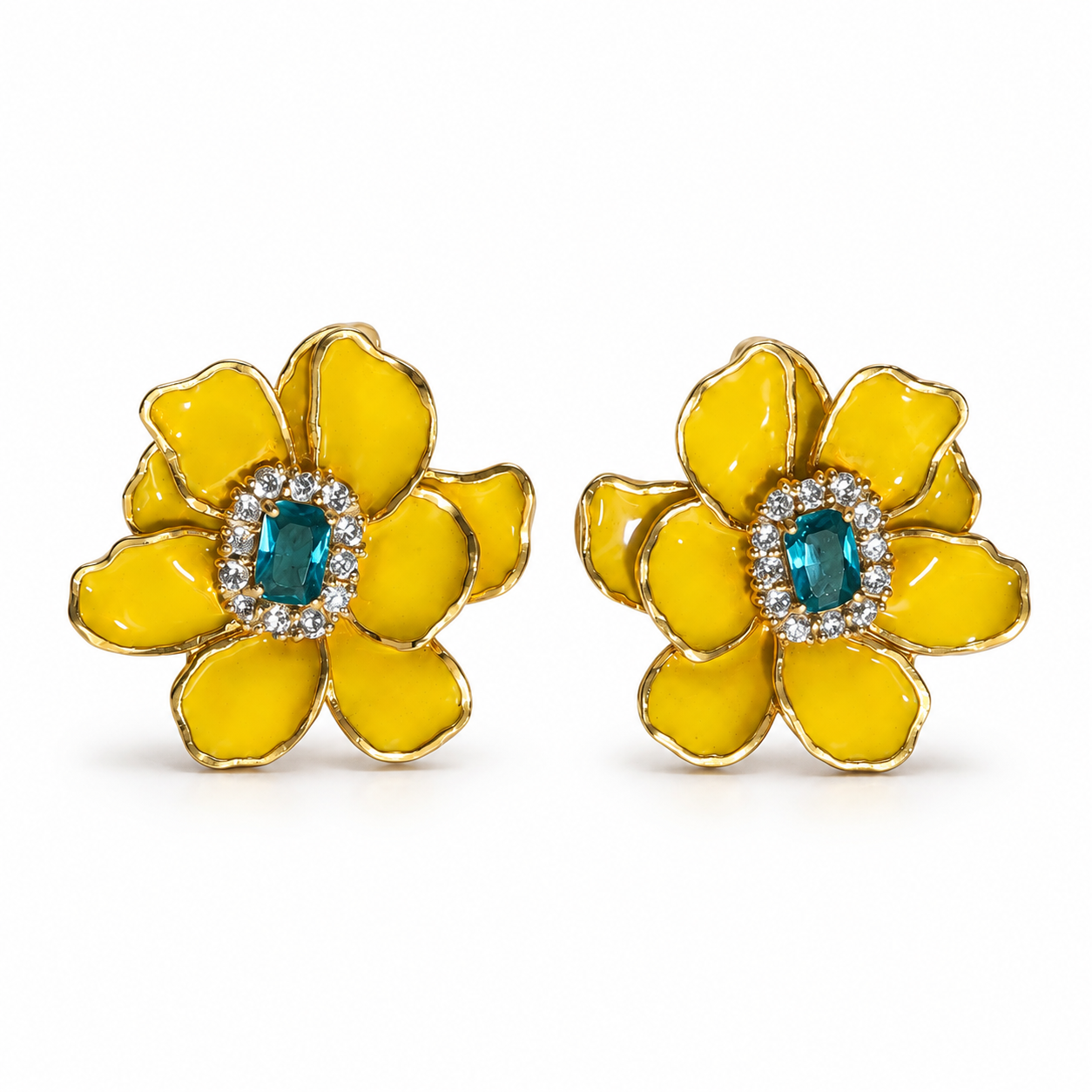 Yellow Enamel Flower with Blue Center Stud Earrings