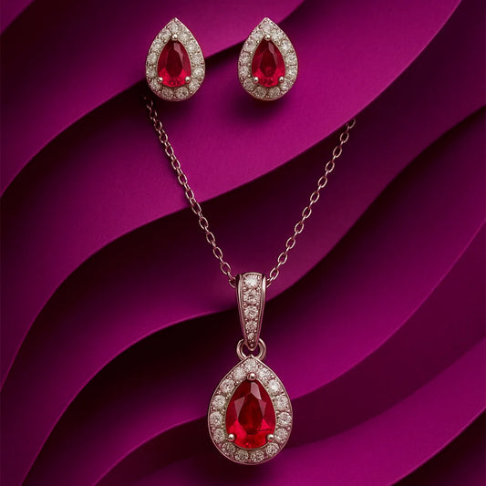 Ruby Dewdrop - 92.5 Silver Pendant Set