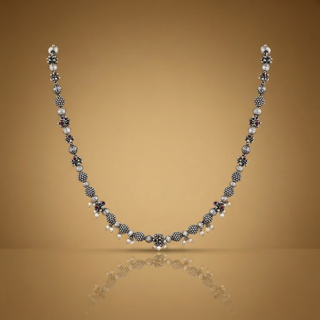 Oxidized Silver Filigree Pendant With Beaded Chain For Women