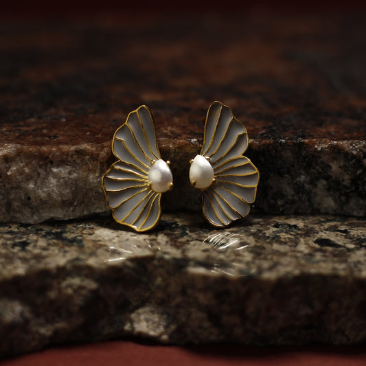 Pearl Wing Petal Enamel Stud Earrings