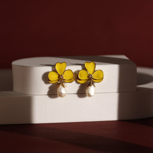 Yellow Clover Pearl Drop Earrings