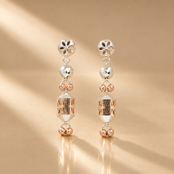 Rose Gold 925 Floral Stud & Ball Bead Dangle Statement Earrings