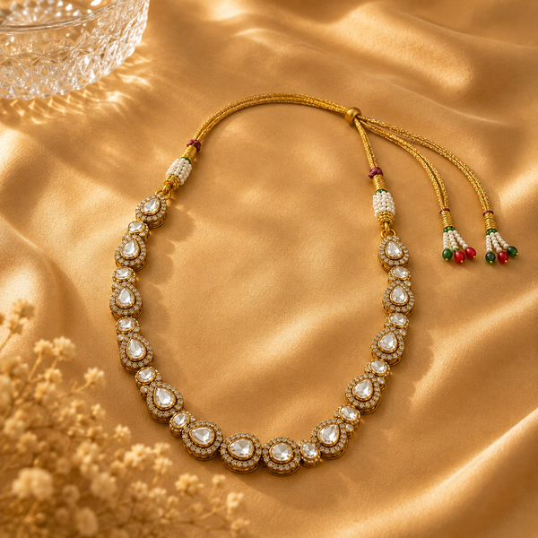 925 Sterling Silver Polki & Moissanite Teardrop Link Necklace