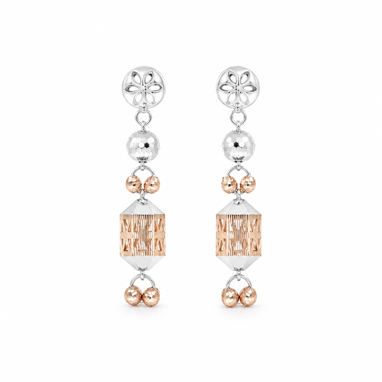Rose Gold 925 Floral Stud & Ball Bead Dangle Statement Earrings
