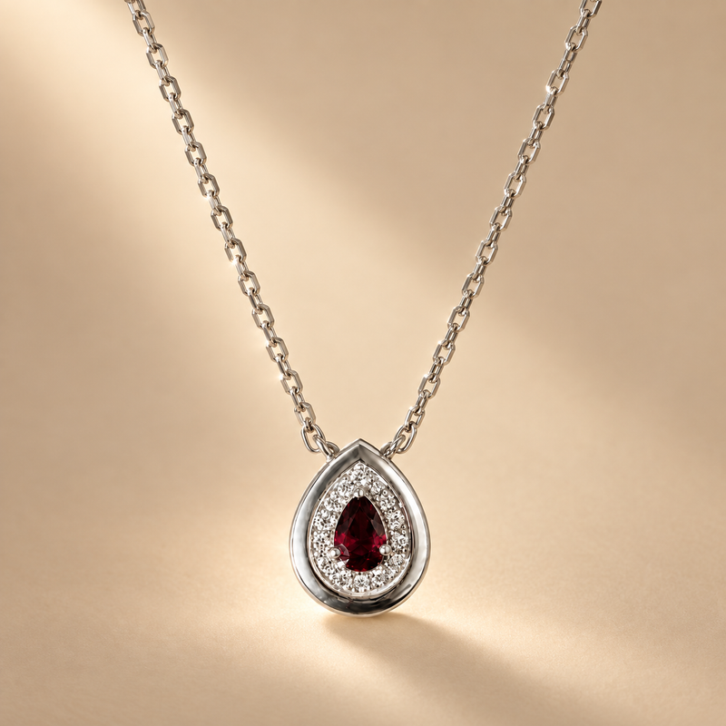 16 Inch 925 Sterling Silver Garnet-Red Quartz & Moissanite Chain Pendant