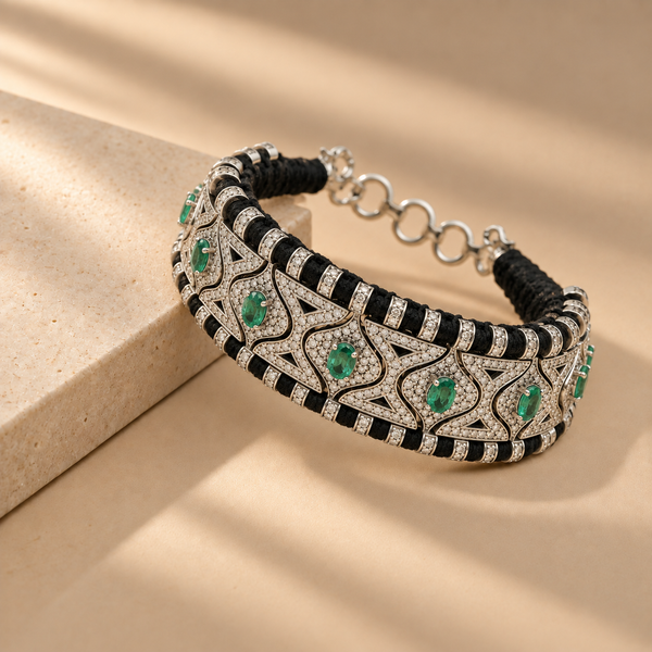 5.8 Ct Natural Diamond & 925 Silver Emerald Statement Bracelet