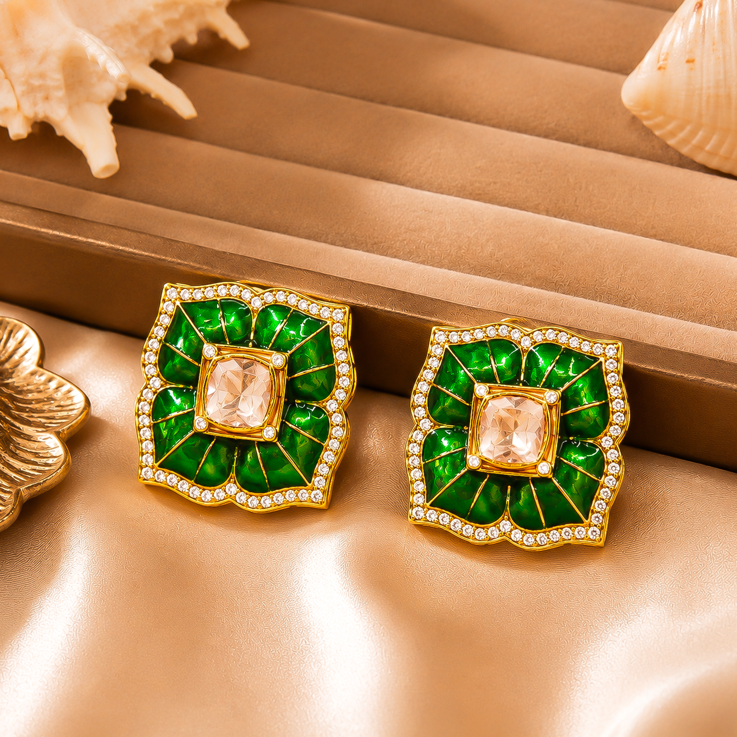 One-of-One 92.5 Silver Green Enamel Square Stud Earrings