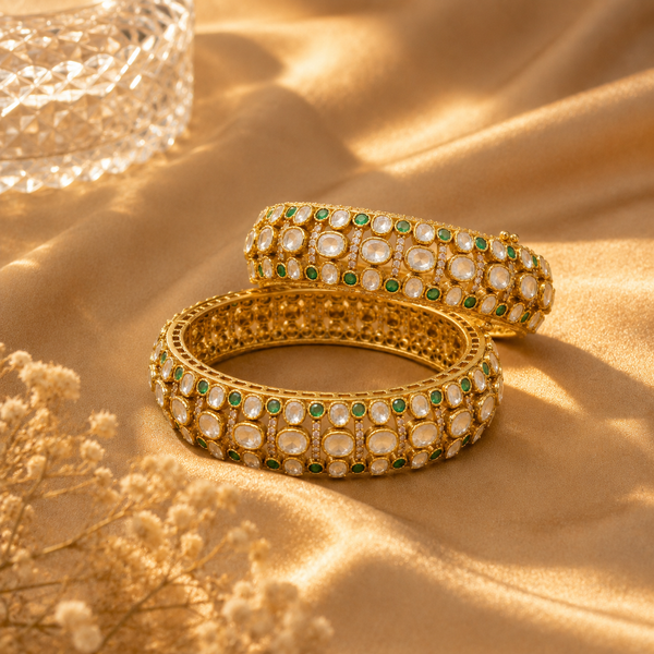 925 Sterling Silver Polki Moissanite Green Stone Designer Bangles