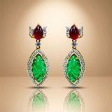 925 Silver Emerald Ruby Carved Drop Earrings