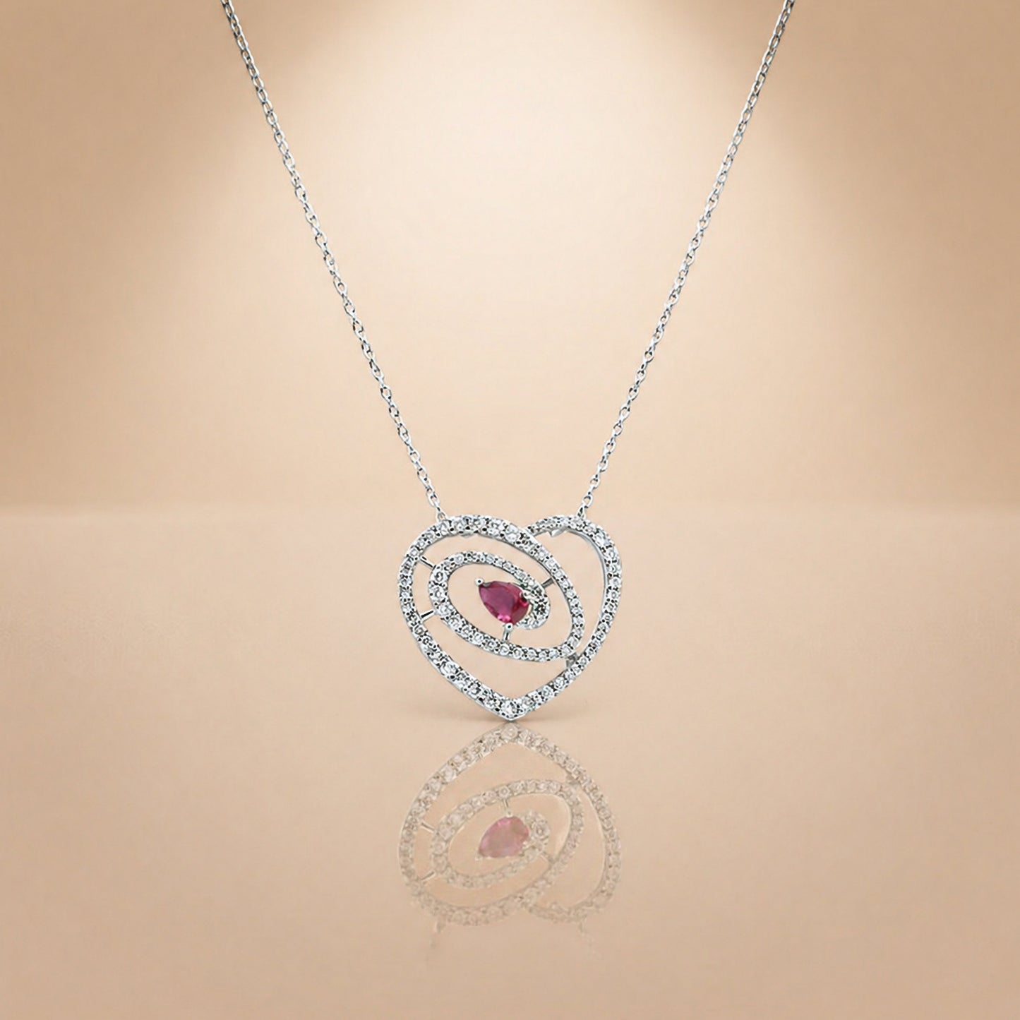 92.5 Silver Red Ruby Pear-Cut Heart Swirl Pendant Necklace