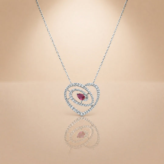 92.5 Silver Red Ruby Pear-Cut Heart Swirl Pendant Necklace