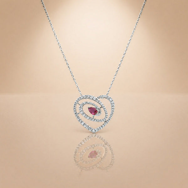 92.5 Silver Red Ruby Pear-Cut Heart Swirl Pendant Necklace