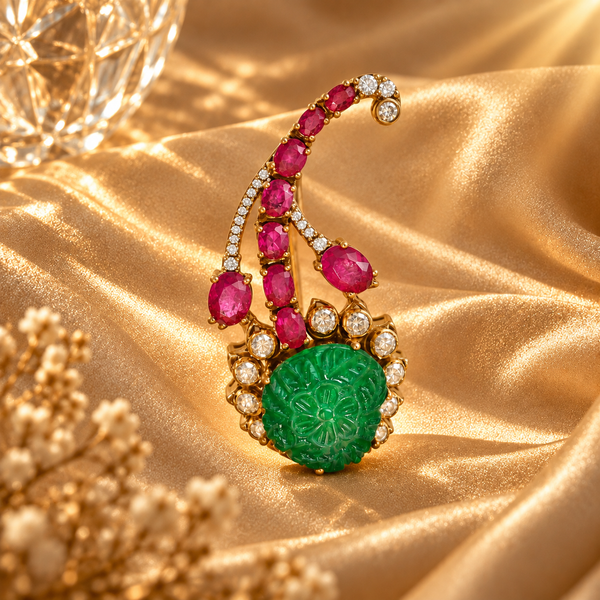 Floral 925 Sterling Silver Polki & Quartz Brooch | Green Carved Stone Statement | Hallmarked Jewellery