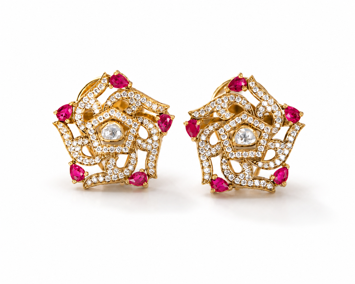 925 Sterling Silver Polki & Quartz Moissanite Designer Statement Stud Earrings