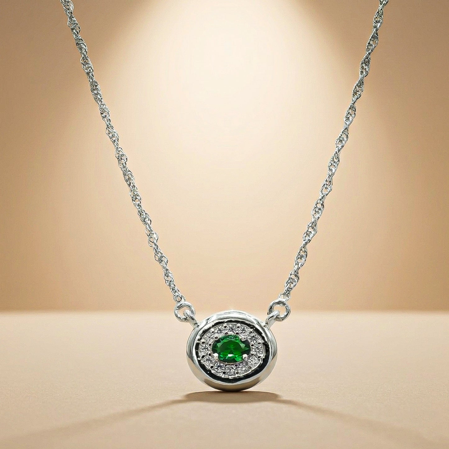 One-of-One 92.5 Silver Simulant Emerald Round Pendant Necklace