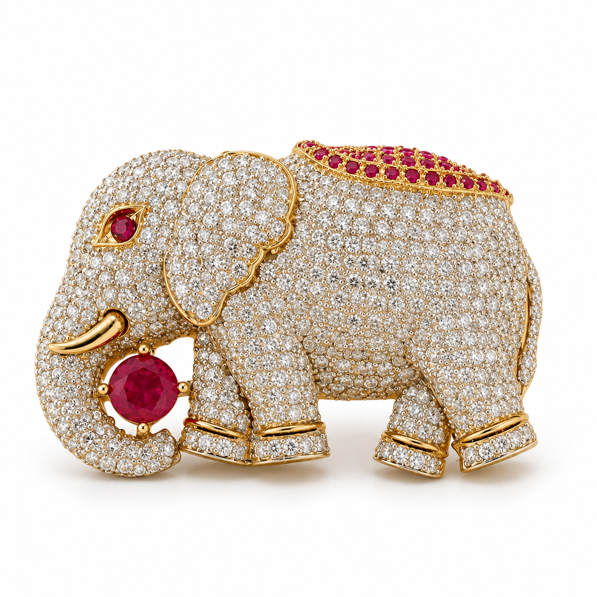 925 Sterling Silver Moissanite & Quartz Elephant Brooch | Regal Red Stone Statement | Hallmarked