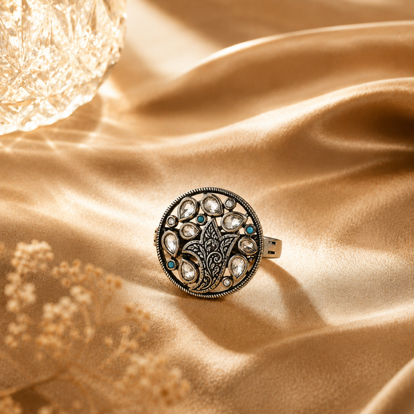 Floral 925 Sterling Silver Statement Ring with Pear-Cut White Stones & Turquoise | Hallmaked