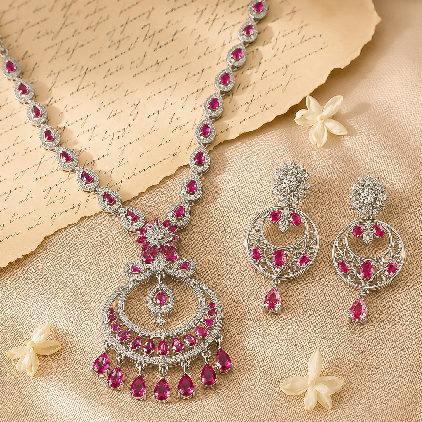 92.5 Sterling Silver Floral Drop Motif Necklace Set