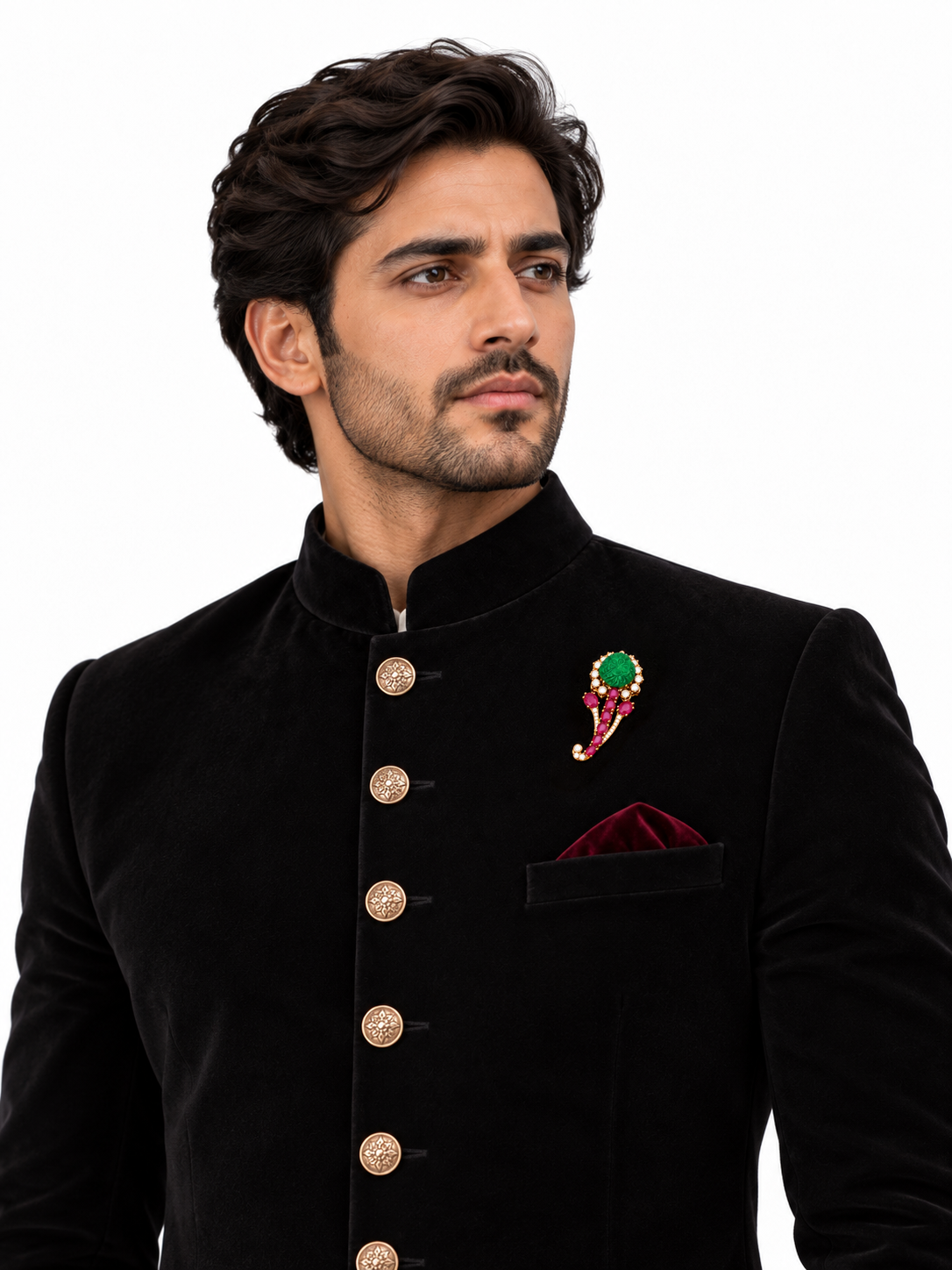 Royal Emerald Ruby Polki Brooch Pin for Men Groom Wedding Sherwani Blazer
