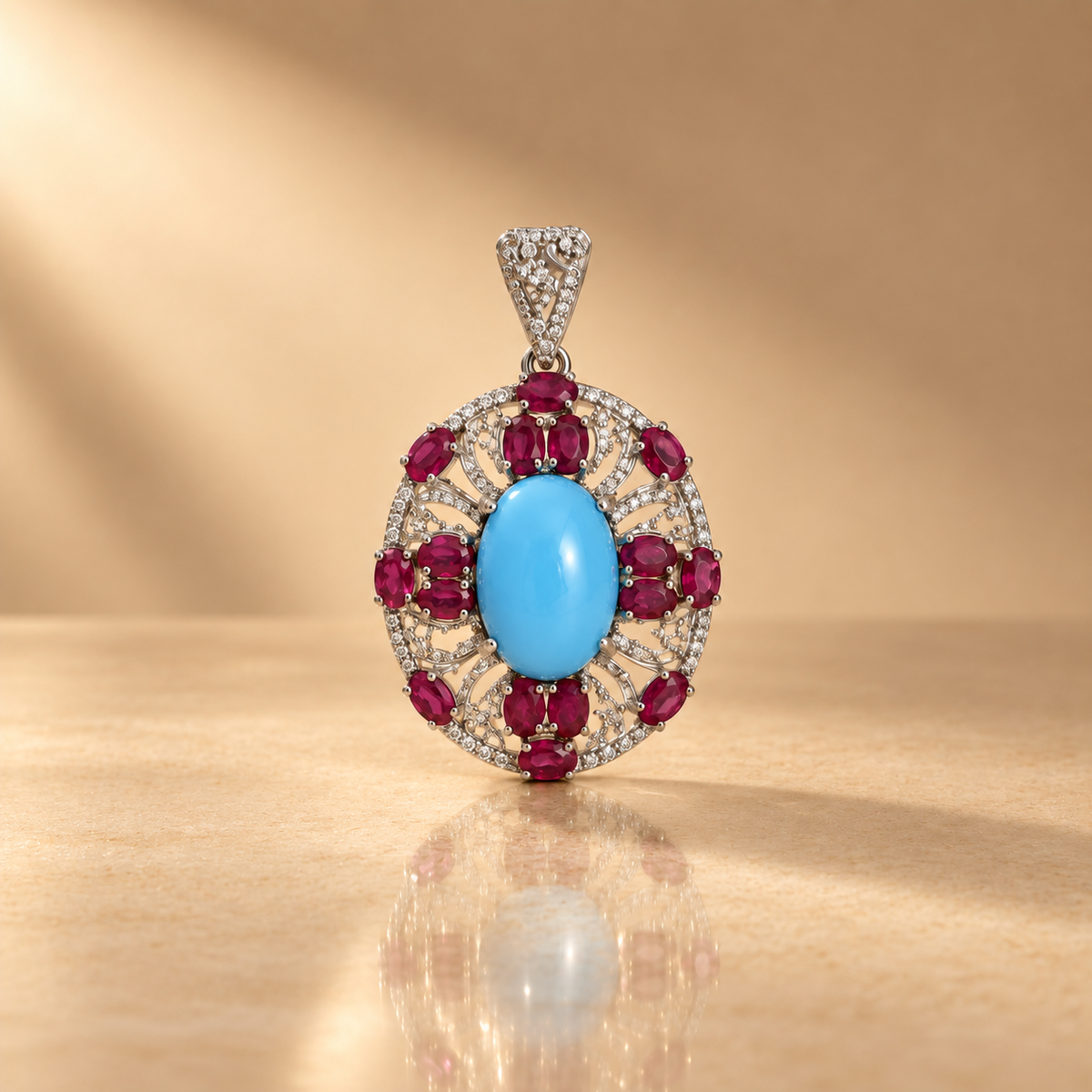 925 Silver Firoza Rubellite 0.55 ct Natural Diamond Pendant