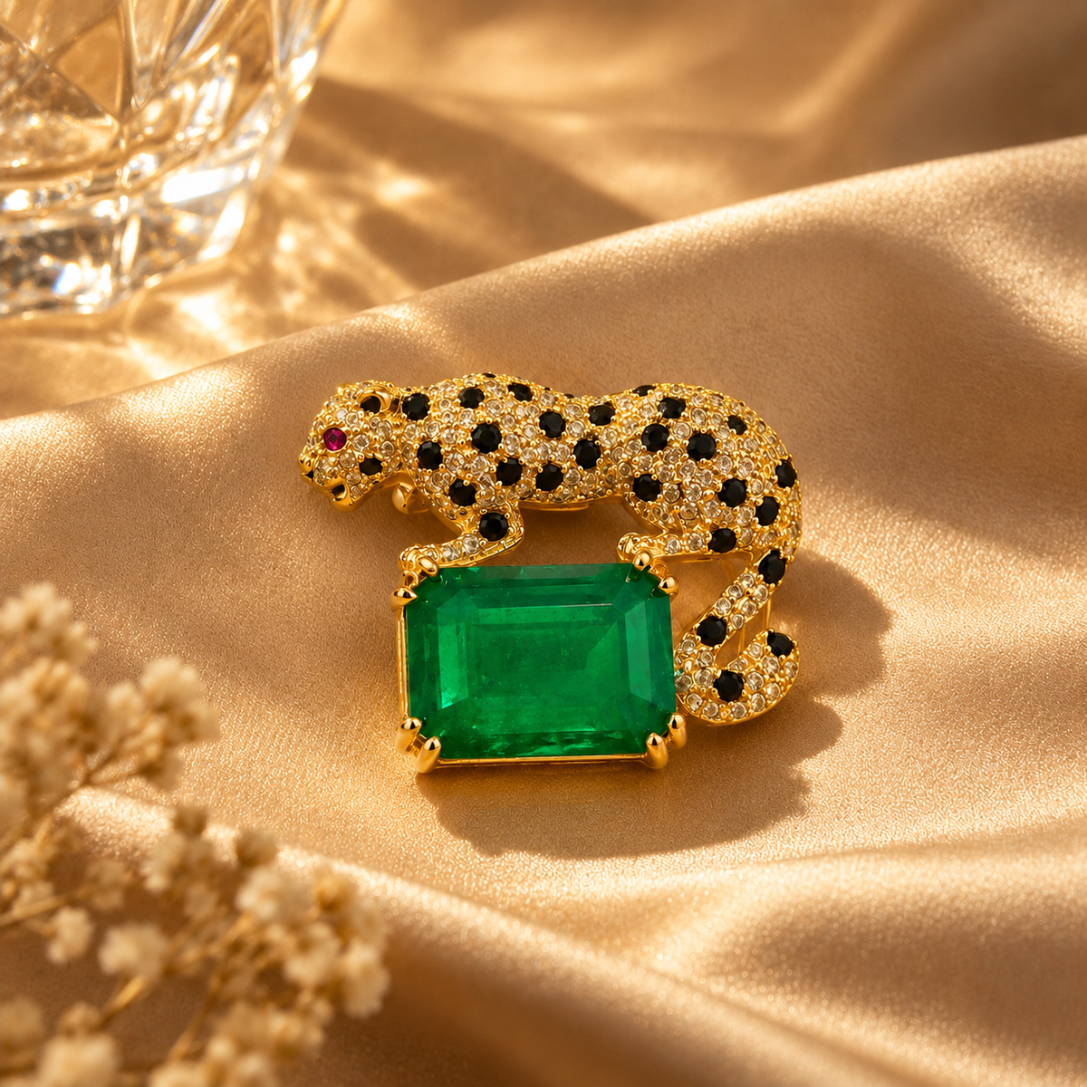 Leopard 925 Sterling Silver Moissanite & Quartz  Brooch | Green Stone Statement Jewellery