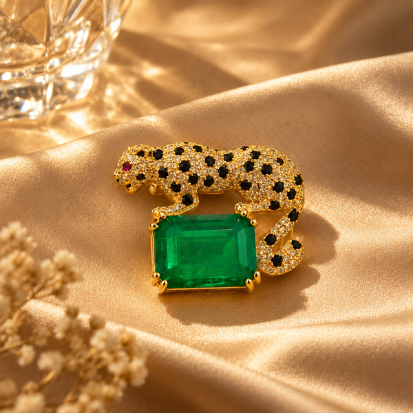 Leopard 925 Sterling Silver Moissanite & Quartz  Brooch | Green Stone Statement Jewellery