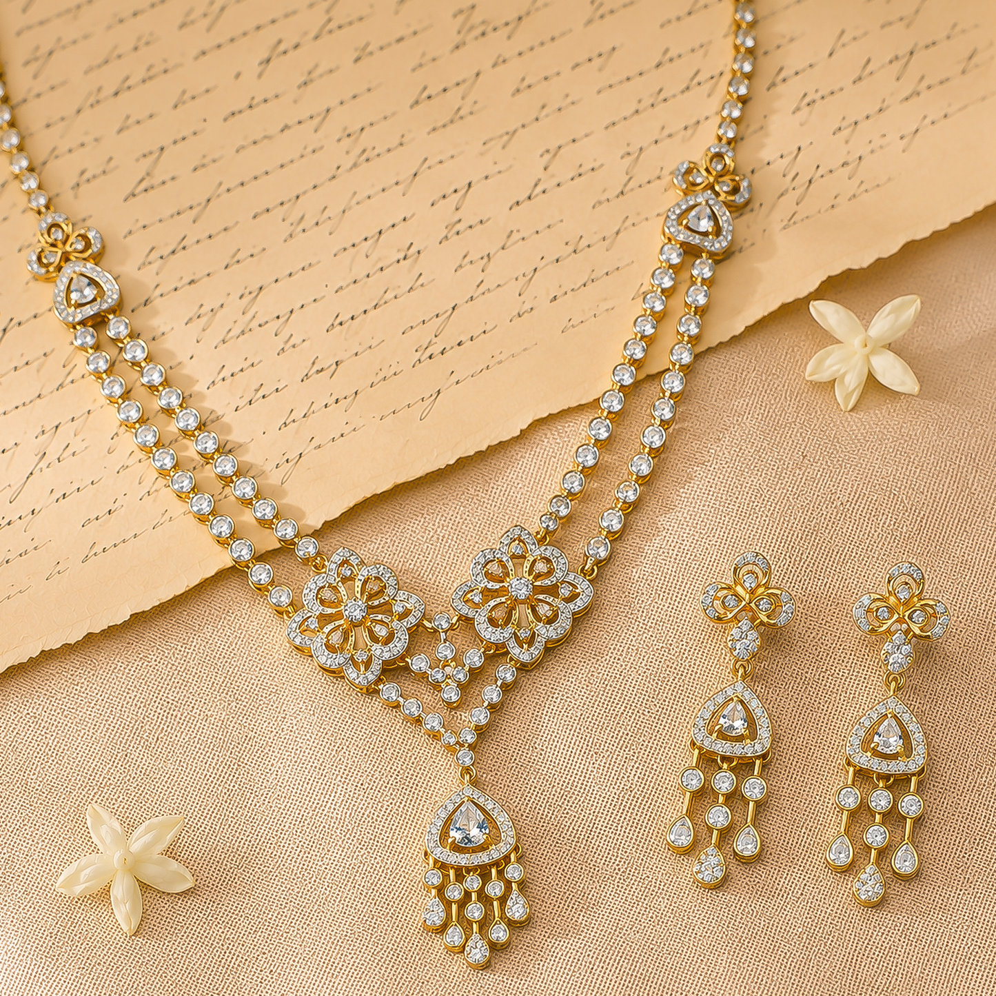 92.5 Sterling Silver Floral Necklace Set with Dual Motifs and Drop Pendant
