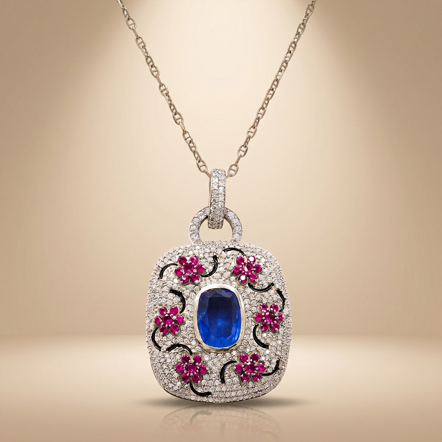 One-of-One 92.5 Silver Blue Stone Floral Motif Pendant Necklace