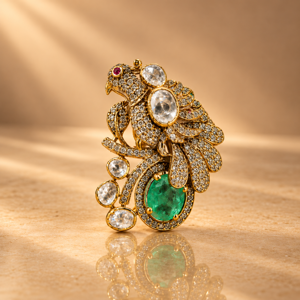 Luxury Bird Brooch with Green Quartz and Moissanite Crystal Jewels Gift for Men
