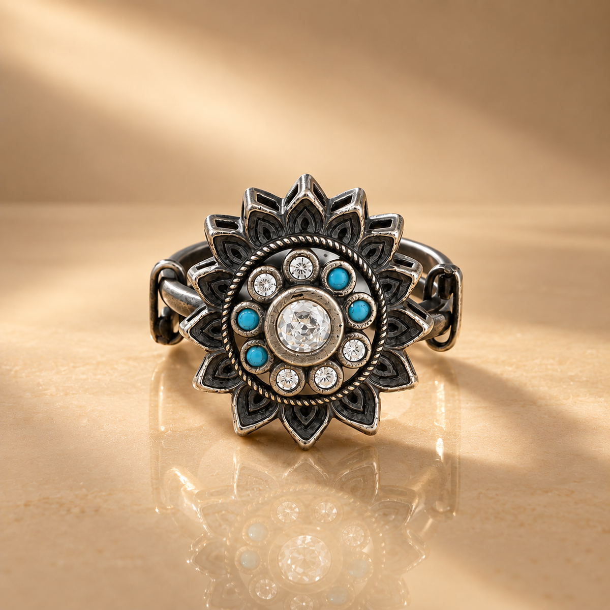 925 Sterling Silver Flower Ring With Turquoise Stones