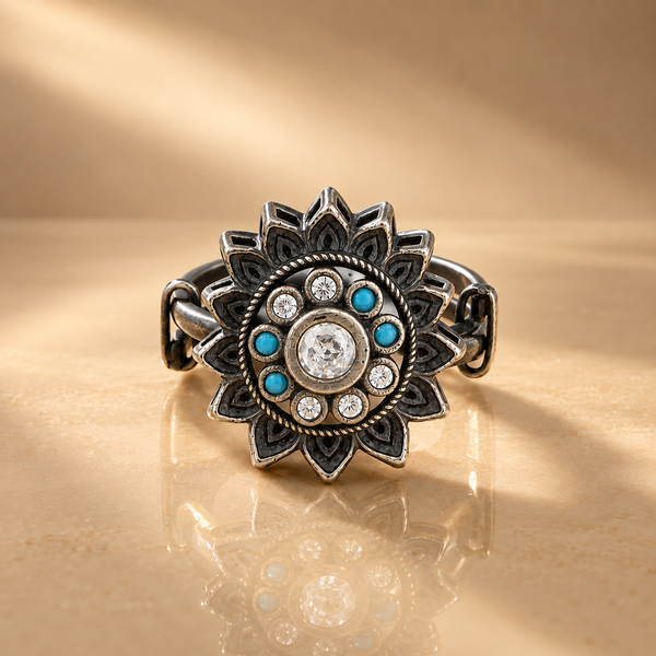 Floral Mandala Turquoise & Sparkling Stones Oxidized Vintage Cocktail Ring