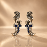 925 Sterling Silver Lion Hoop Earrings with Blue & White Moissanite and Polki | Statement Ethnic Jewelry