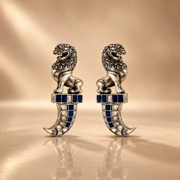 925 Sterling Silver Lion Hoop Earrings with Blue & White Moissanite and Polki | Statement Ethnic Jewelry