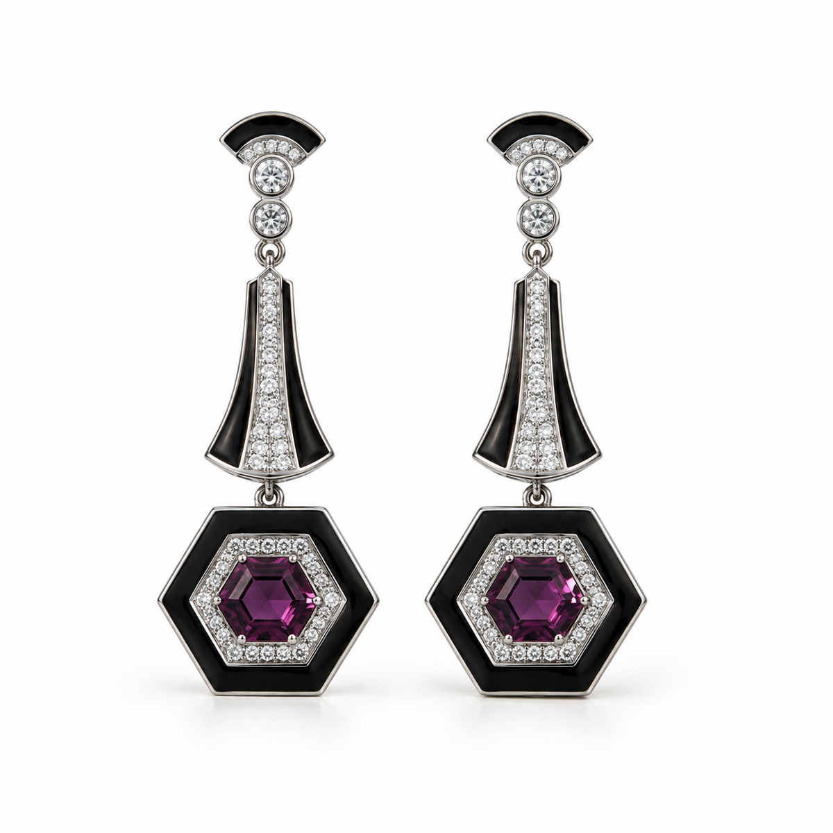 Black Enamel 925 Sterling Silver Long Drop Earrings | Hallmarked Jewellery