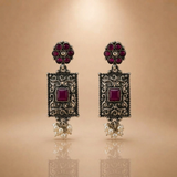 Oxidized 925 Silver Pink Stone Pearl Drop Earrings