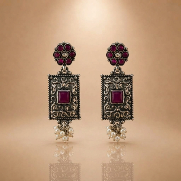 Ethnic Silver Oxidized Drop Statement Earrings with Pearl Dangles Hallmarked Jewellery