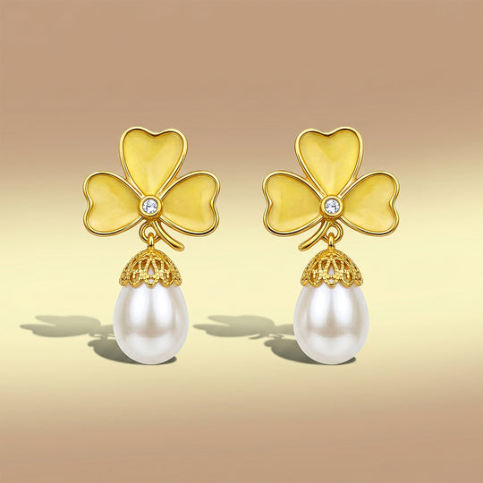 Yellow Clover Pearl Drop Earrings