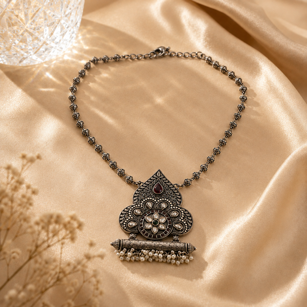 Floral 25 Sterling Silver Oxidized Paisley Pendant Necklace | Multicolour Stone & Pearl Fringe Indian Jewellery