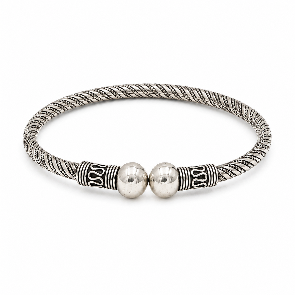 925 Sterling Silver Oxidized Bangle | Twisted Rope Design with Silver Bead | Hallmarked