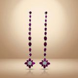 925 Silver Red Ruby Flower Long Dangle Earrings