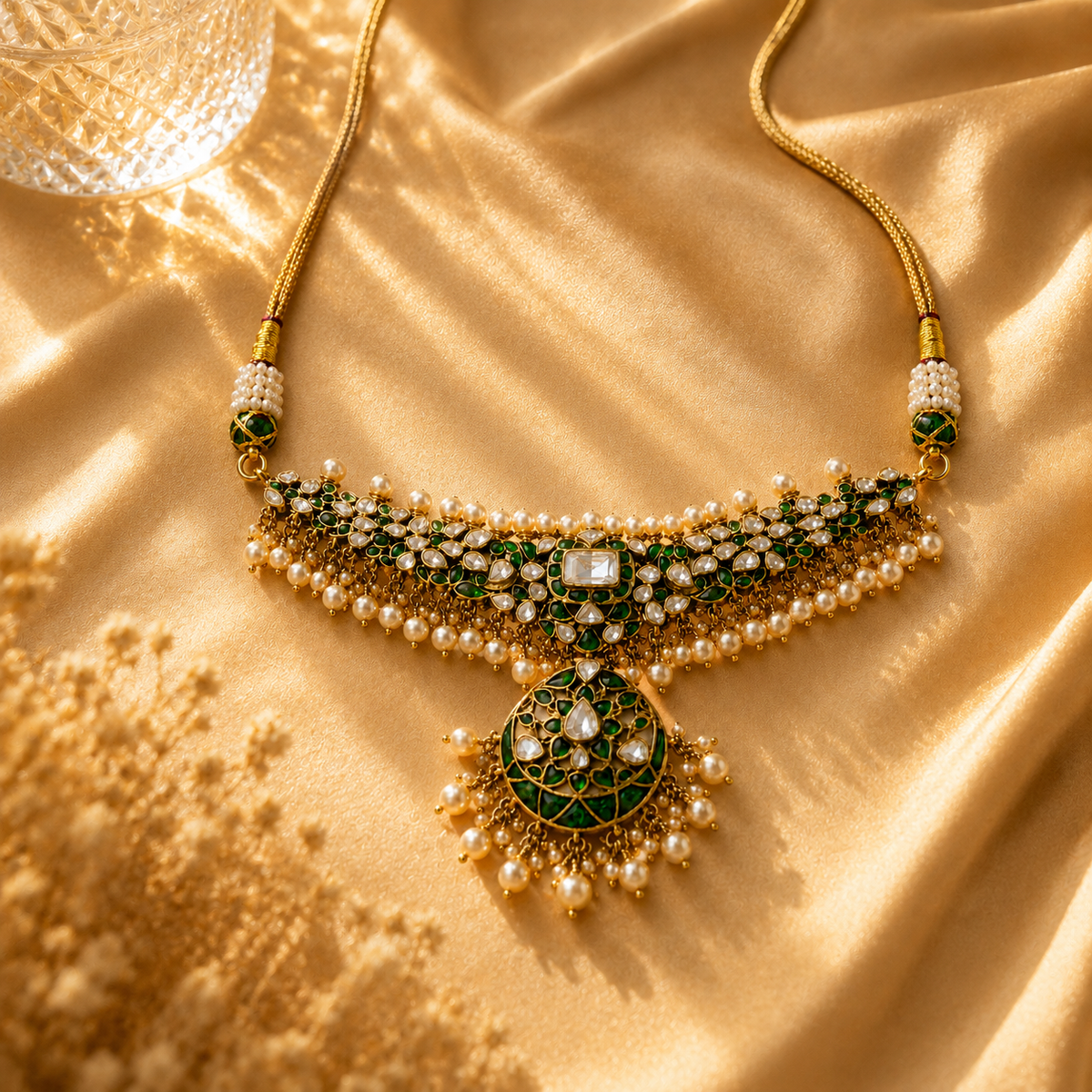 925 Sterling Silver Green Polki & Moissanite Designer Statement Bridal Necklace