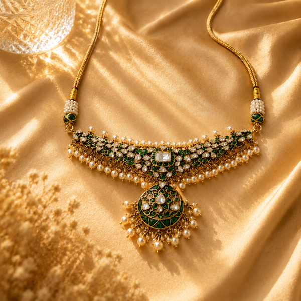 925 Sterling Silver Green Polki & Moissanite Designer Statement Bridal Necklace