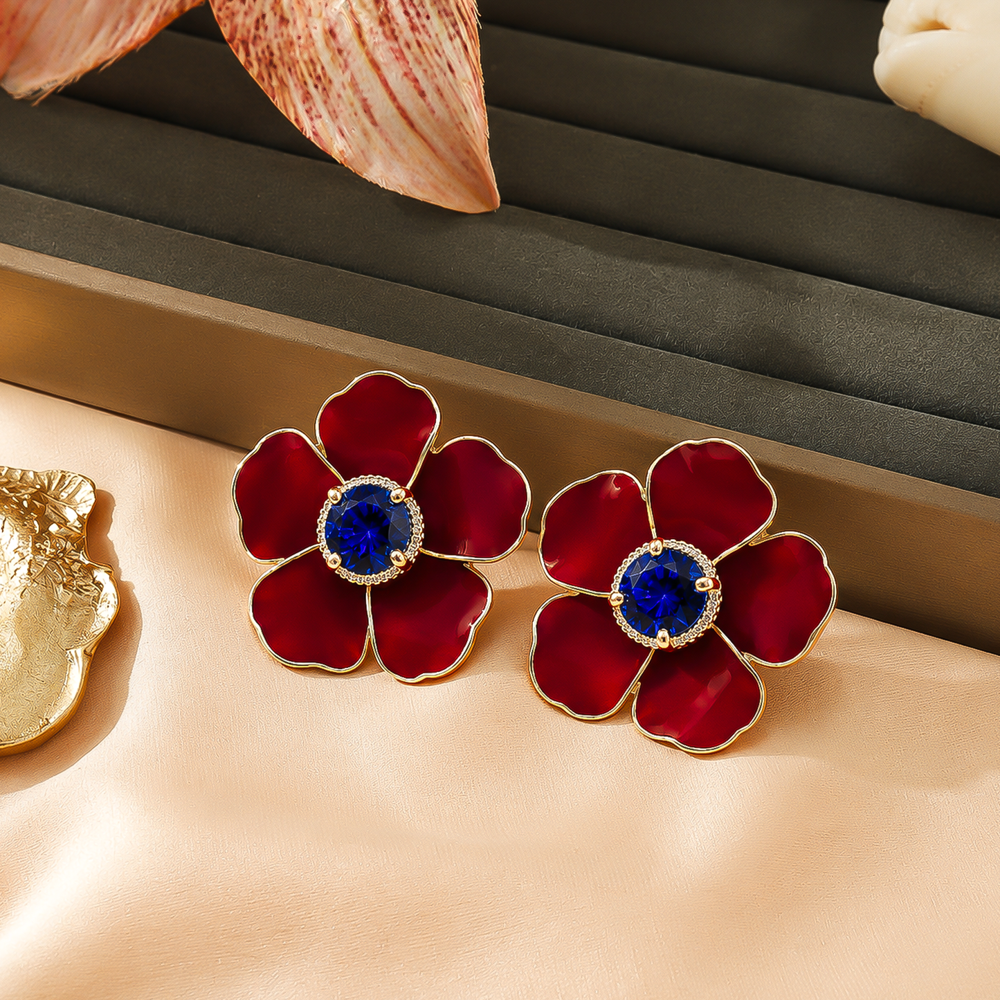 One-of-One 92.5 Silver Red Enamel Floral Stud Earrings with Blue Center
