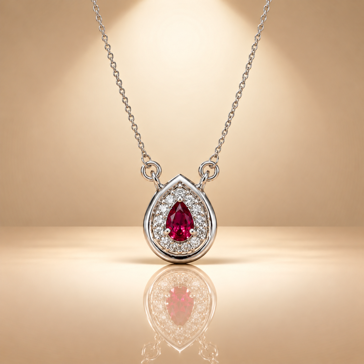 925 Silver Red Quartz Moissanite Pear Pendant Chain