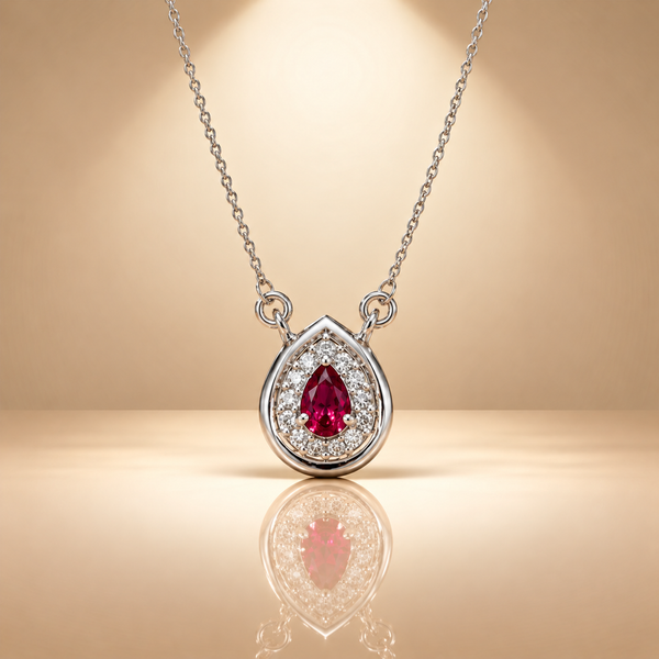 925 Silver Red Quartz Moissanite Pear Pendant Chain