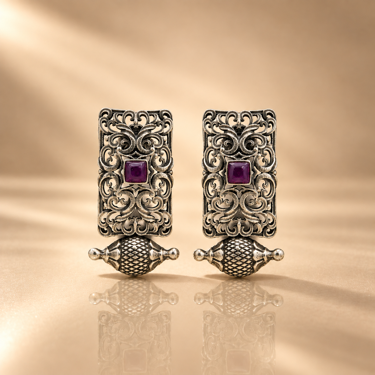 925 Sterling Silver Purple Stone Filigree Drop Earrings
