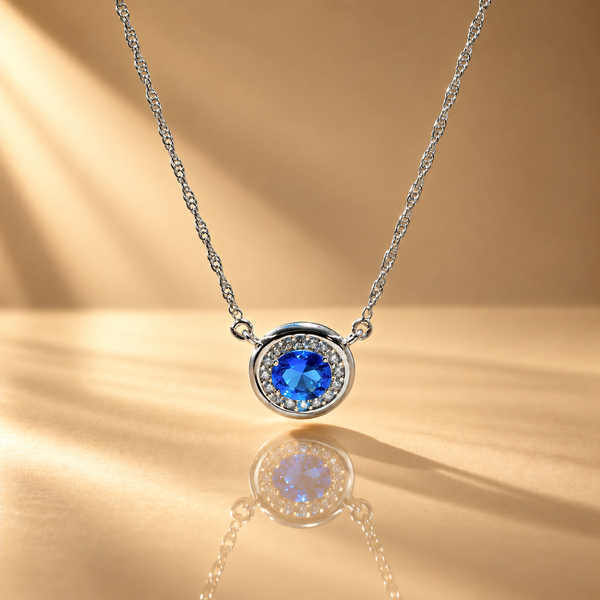 925 Silver Blue Quartz Moissanite Pendant Chain For Women
