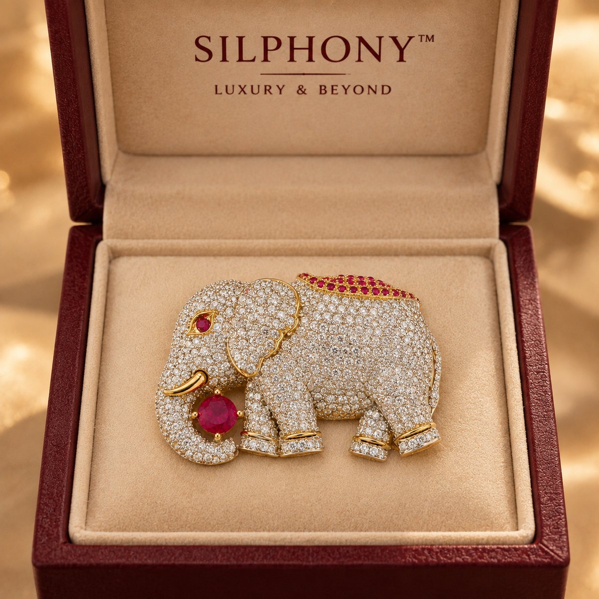 925 Silver Elephant Brooch for Men with Moissanite & Ruby Quartz Gemstones