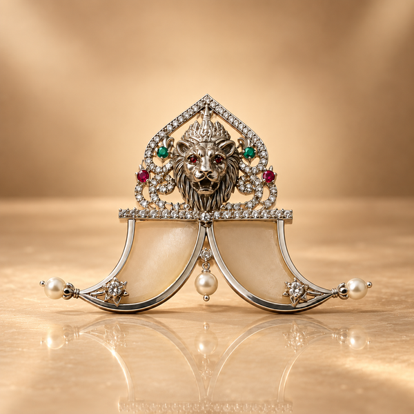 Lion Face Sher Nakh Silver Pendant with Quartz and Pearls Fine Jewelry