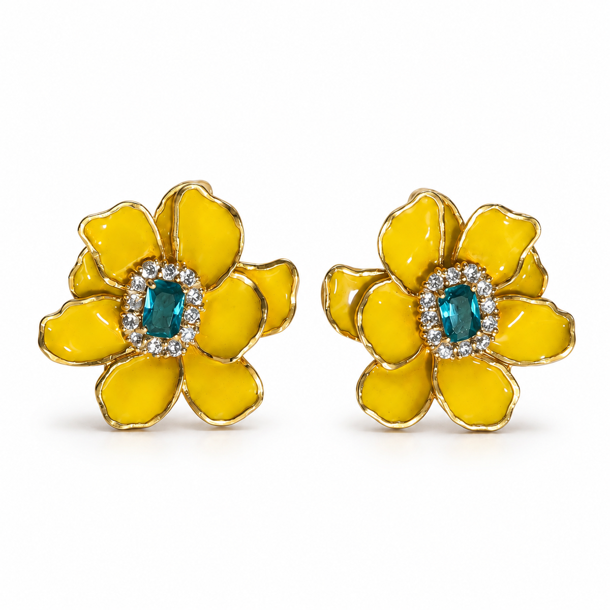 Yellow Enamel Flower with Blue Center Stud Earrings